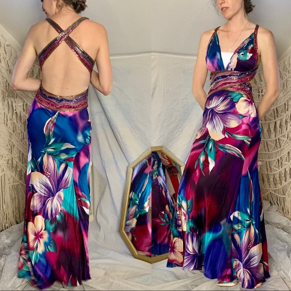 SOLD Jovani Vintage Y2k Tropical Print Prom Satin Dress - Picture 10 of 11